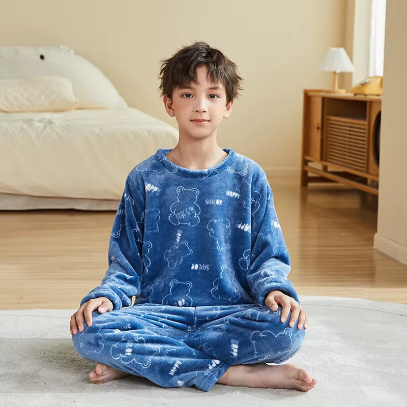 Winter Kids Boys Pajamas Sets Warm Pyjamas Teen Girls Sleepwear Flannel Fleece Teenage Clothes Children Home Clothes Nightwear