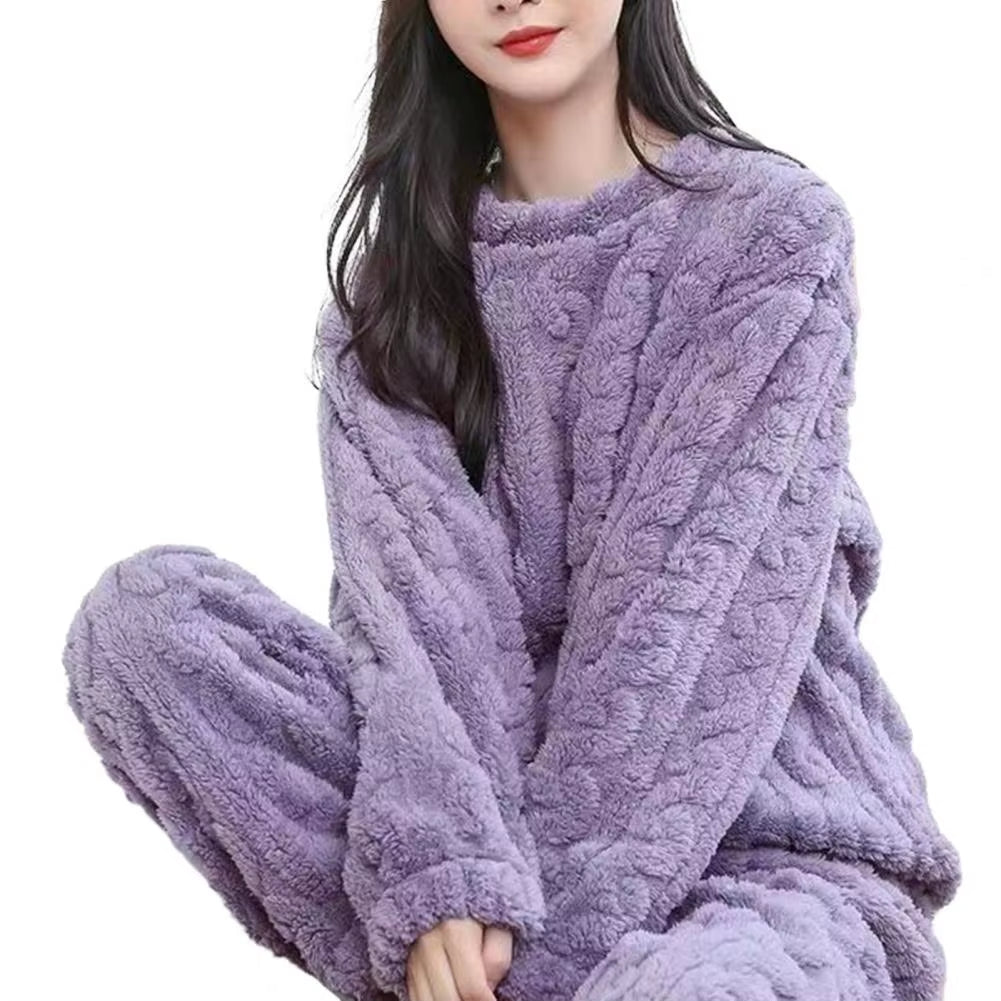 Plush Women Sleepwear Set Winter Thicken Velvet Ribbed Fleece Set Pullover Pants Women Casual Pajama Sets 2023 Winter Pajamas