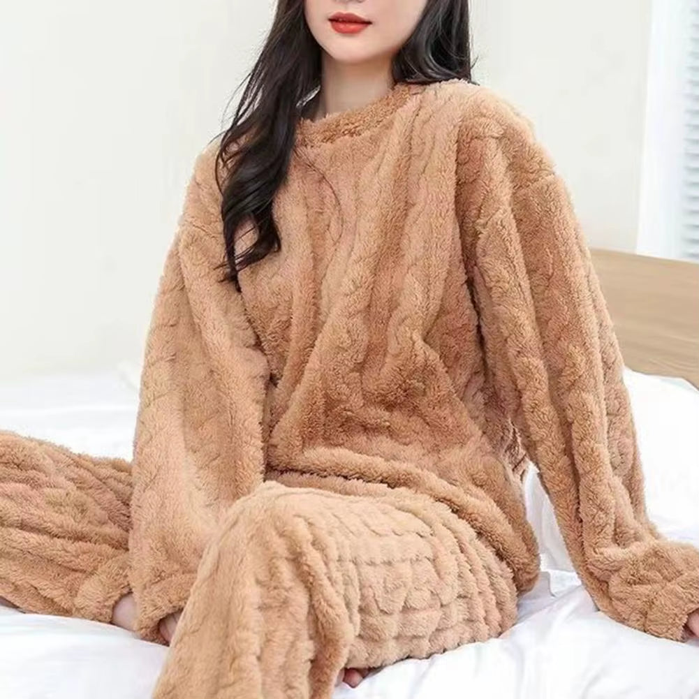 Plush Women Sleepwear Set Winter Thicken Velvet Ribbed Fleece Set Pullover Pants Women Casual Pajama Sets 2023 Winter Pajamas