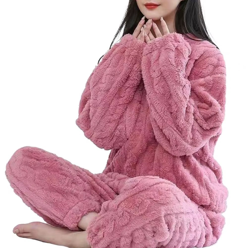 Plush Women Sleepwear Set Winter Thicken Velvet Ribbed Fleece Set Pullover Pants Women Casual Pajama Sets 2023 Winter Pajamas