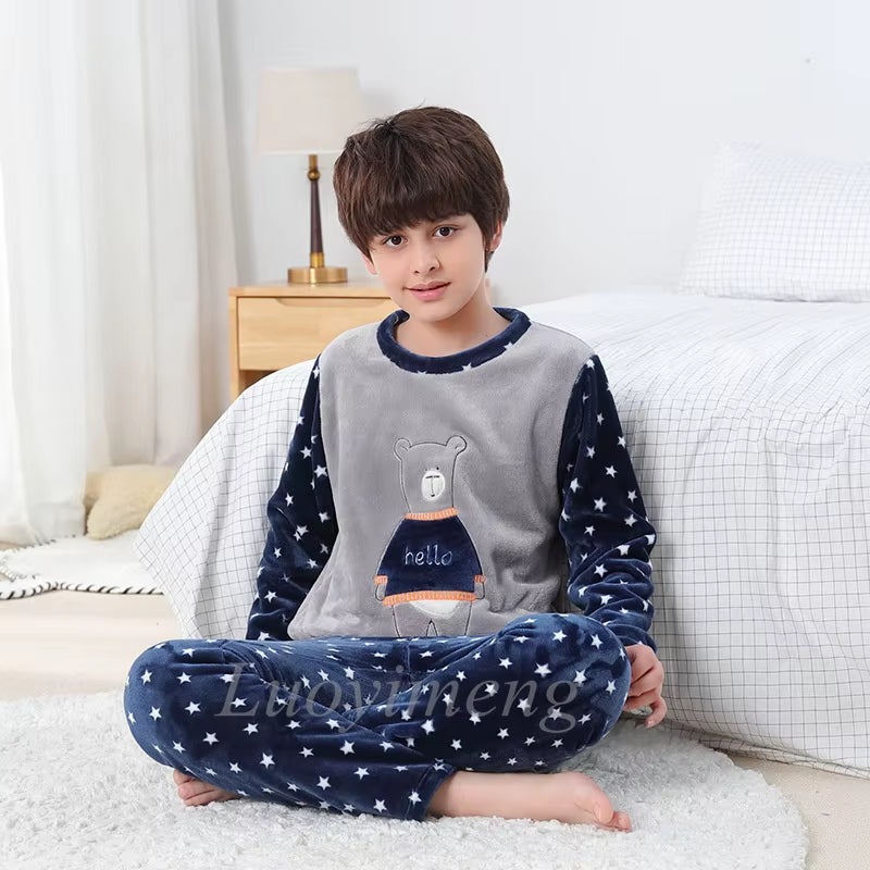 Winter Kids Boys Pajamas Sets Warm Pyjamas Teen Girls Sleepwear Flannel Fleece Teenage Clothes Children Home Clothes Nightwear