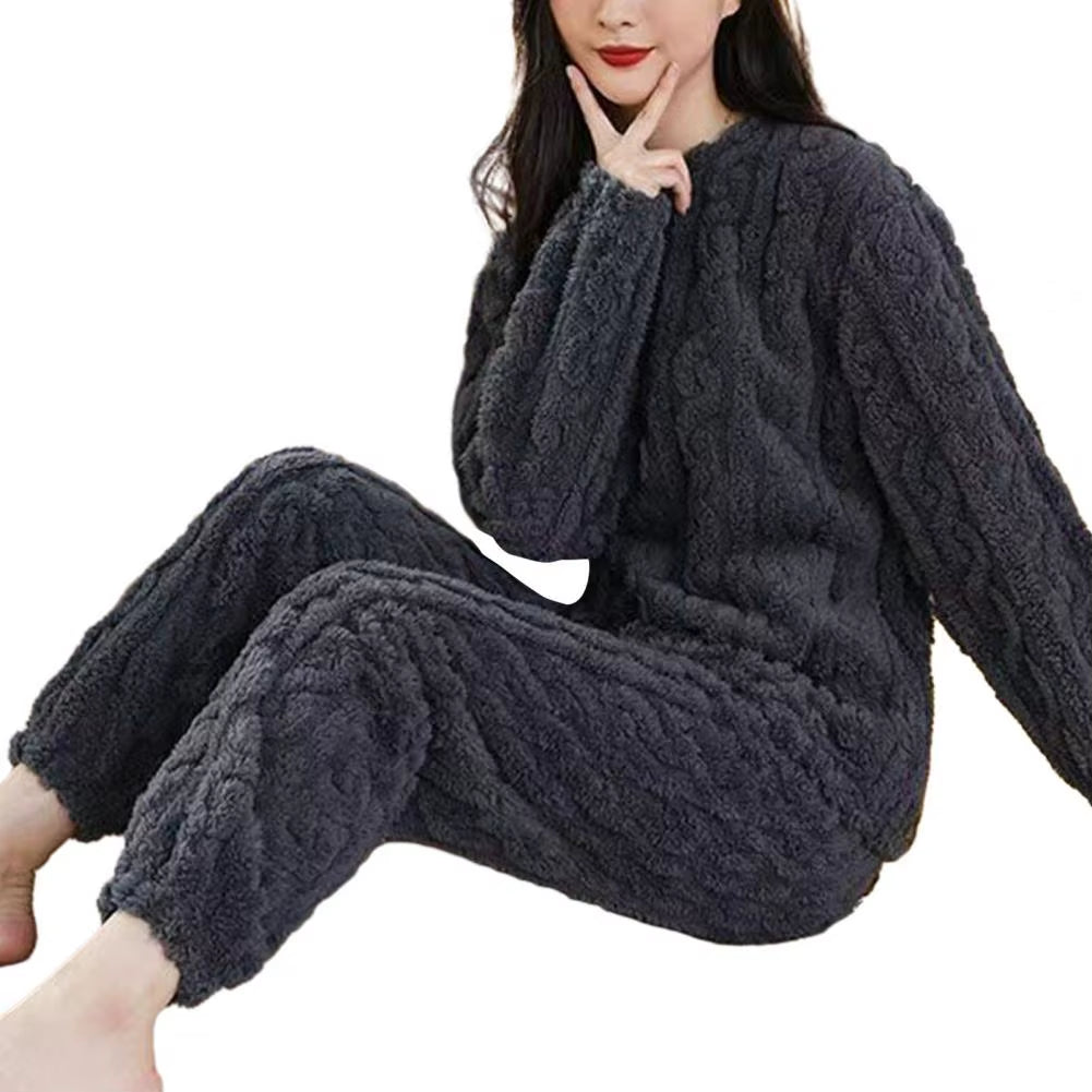 Plush Women Sleepwear Set Winter Thicken Velvet Ribbed Fleece Set Pullover Pants Women Casual Pajama Sets 2023 Winter Pajamas