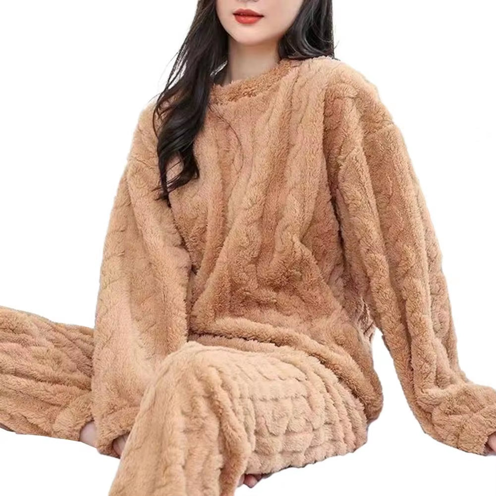 Plush Women Sleepwear Set Winter Thicken Velvet Ribbed Fleece Set Pullover Pants Women Casual Pajama Sets 2023 Winter Pajamas
