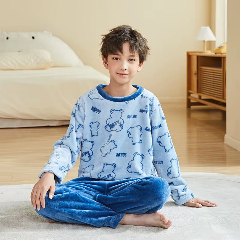 Winter Kids Boys Pajamas Sets Warm Pyjamas Teen Girls Sleepwear Flannel Fleece Teenage Clothes Children Home Clothes Nightwear