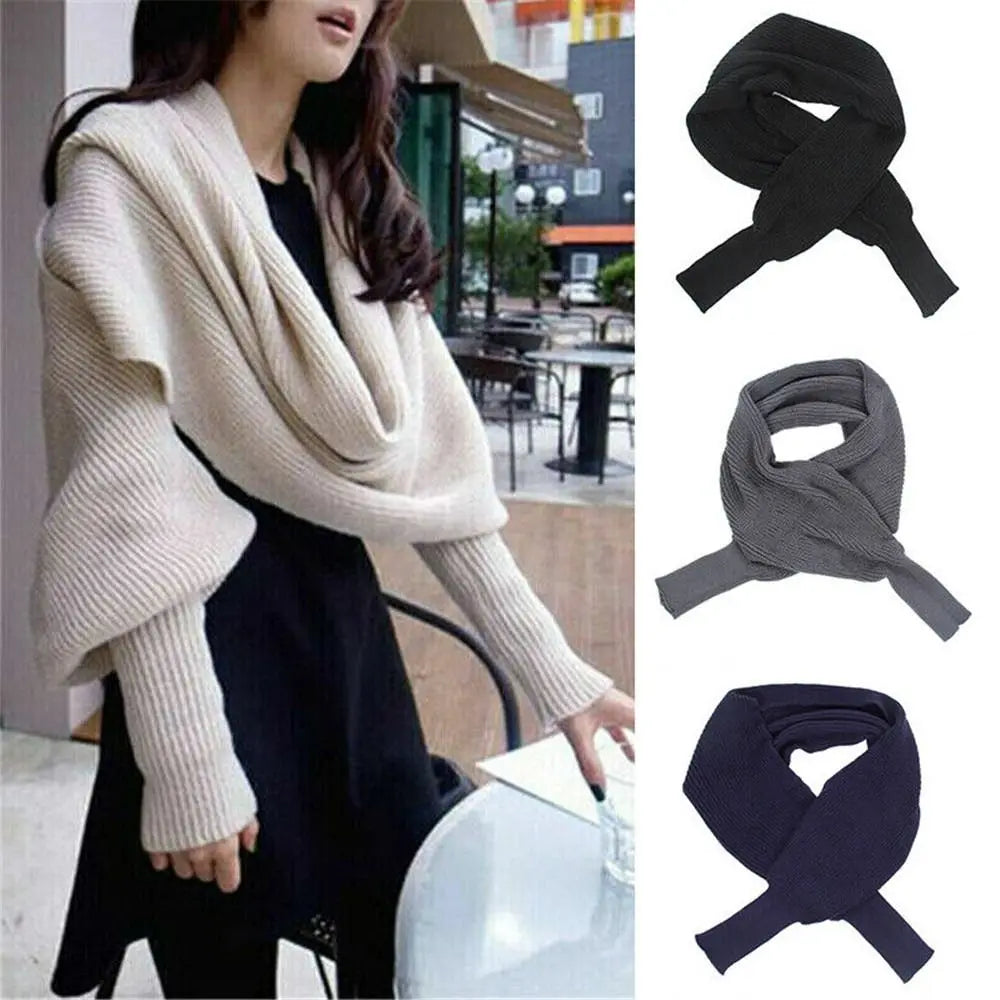 Winter Soft Neckerchief With Sleeves Shawl Neck Warmer Sweater Tops Knitted Scarf