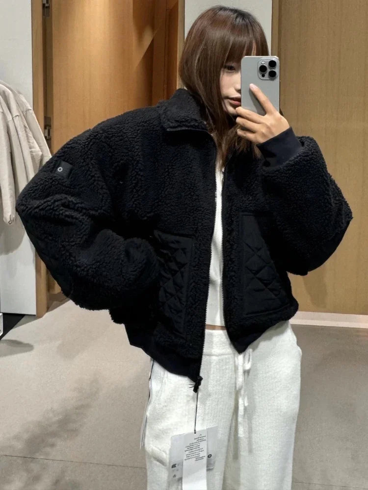 Winter Women‘s Lamb Fleece Jacket Casual Fashion Thick Warm Short Coat Stand Collar Zipper Loose Solid Long Sleeve Jackets Women