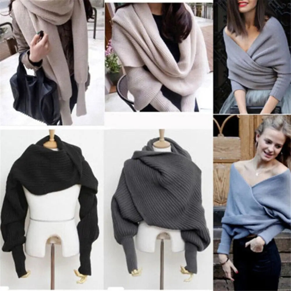 Winter Soft Neckerchief With Sleeves Shawl Neck Warmer Sweater Tops Knitted Scarf