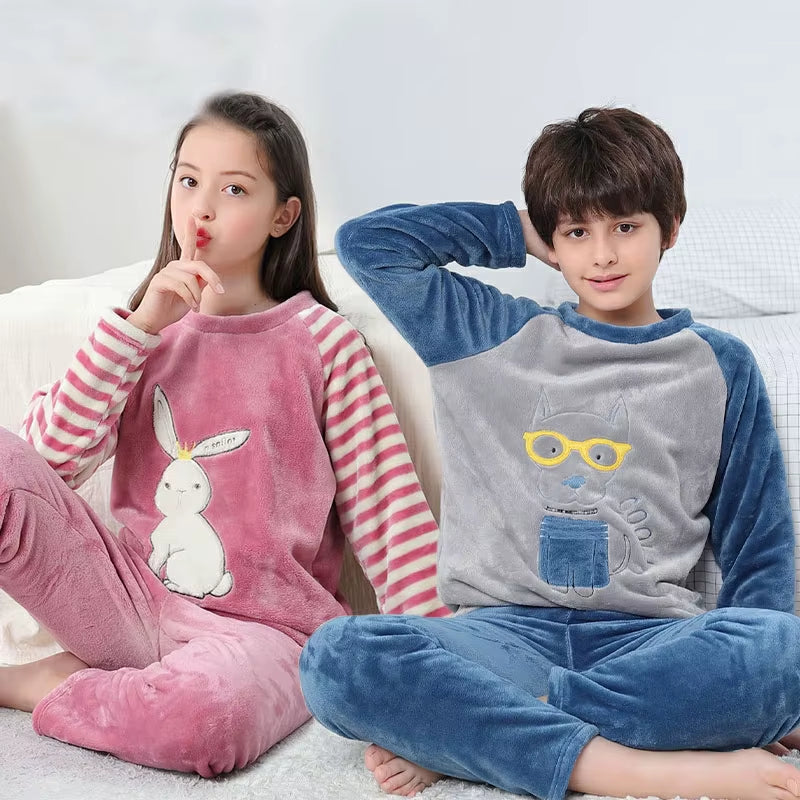 Winter Kids Boys Pajamas Sets Warm Pyjamas Teen Girls Sleepwear Flannel Fleece Teenage Clothes Children Home Clothes Nightwear